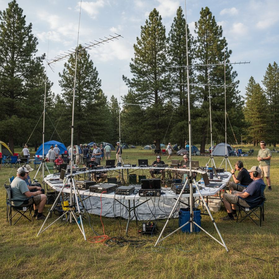 Operators working a Field Day station under a canopy