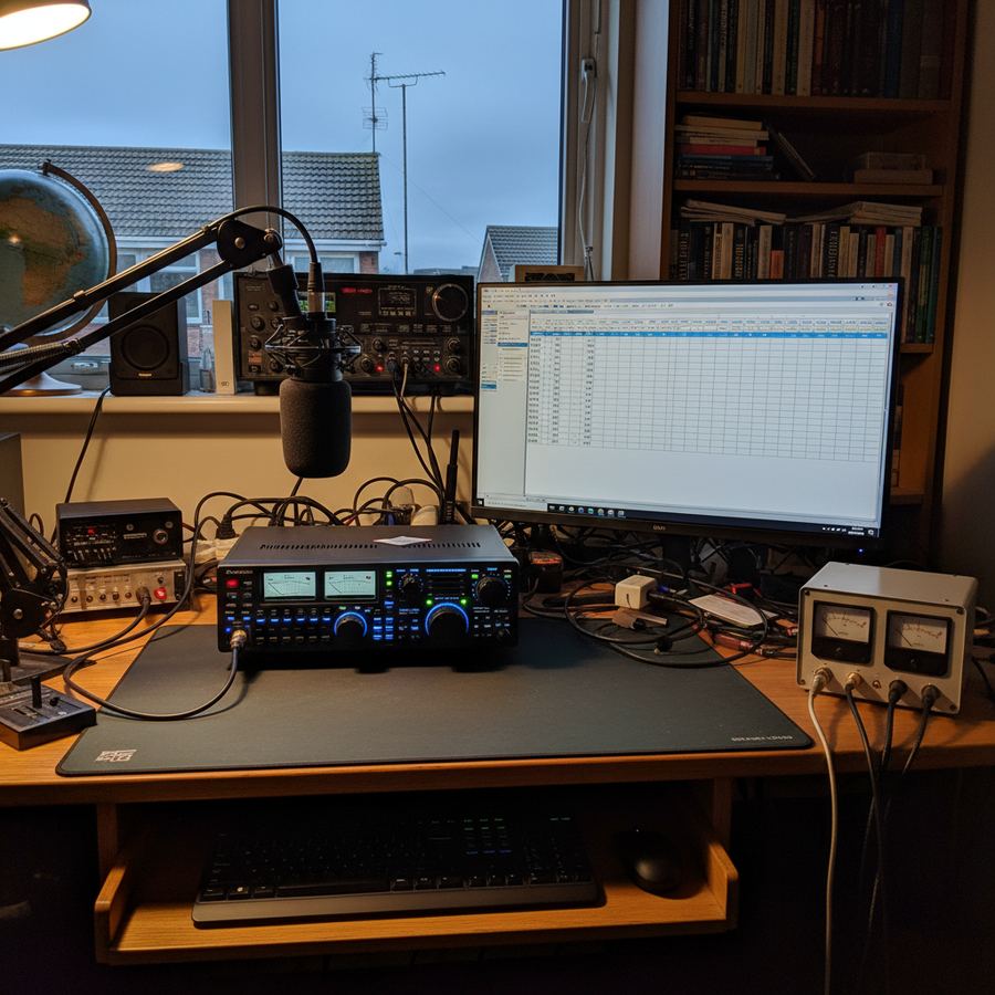 An HF ham radio station with transceiver, microphone, and logbook